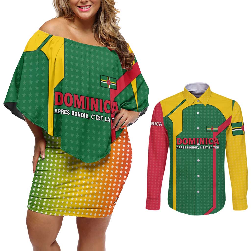 Dominica Flag Couples Matching Off Shoulder Short Dress and Long Sleeve Button Shirt National Parrot and Stars Design with Motto Apres Bondie C’est La Ter - Wonder Print Shop