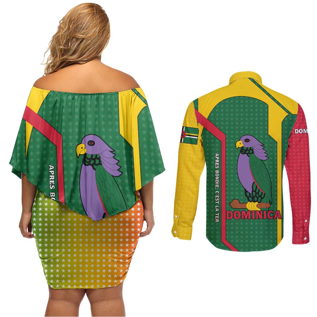 Dominica Flag Couples Matching Off Shoulder Short Dress and Long Sleeve Button Shirt National Parrot and Stars Design with Motto Apres Bondie C’est La Ter - Wonder Print Shop