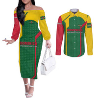 Dominica Flag Couples Matching Off The Shoulder Long Sleeve Dress and Long Sleeve Button Shirt National Parrot and Stars Design with Motto Apres Bondie C’est La Ter - Wonder Print Shop