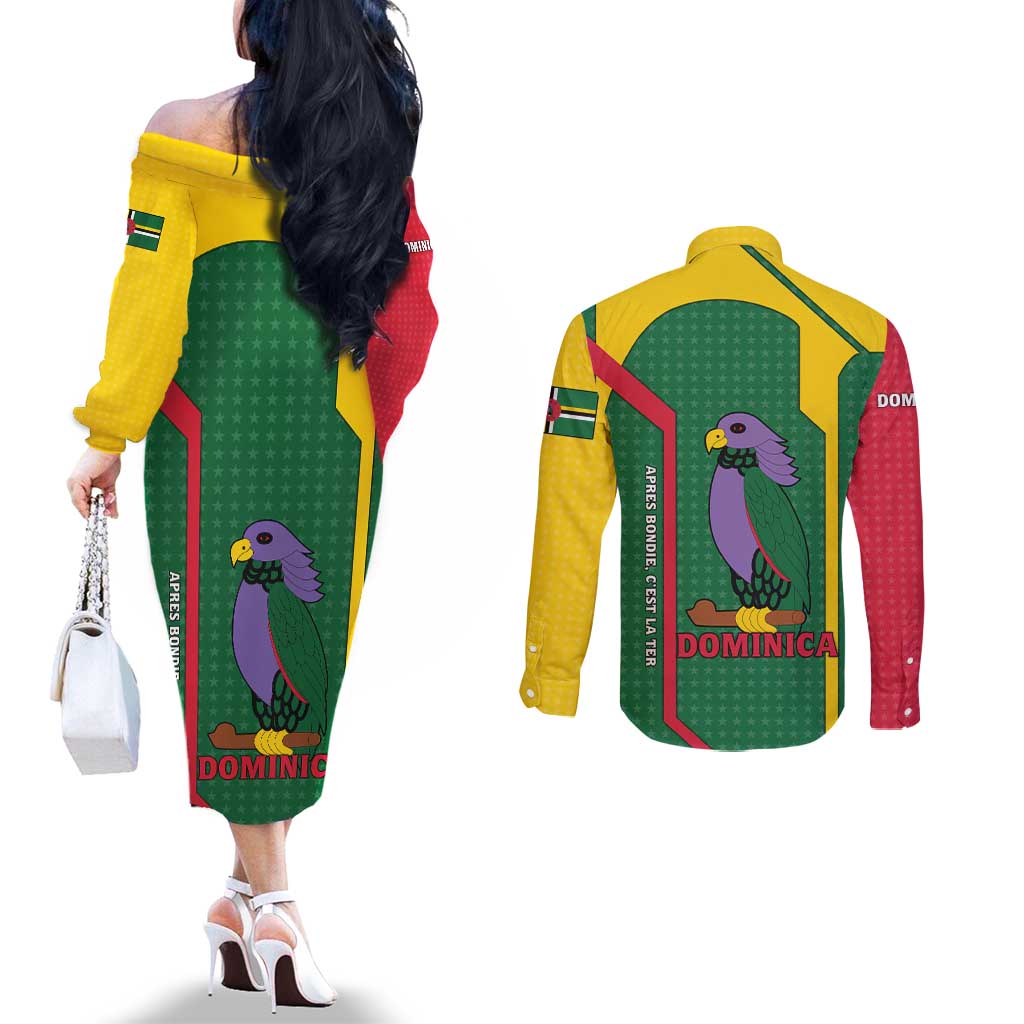 Dominica Flag Couples Matching Off The Shoulder Long Sleeve Dress and Long Sleeve Button Shirt National Parrot and Stars Design with Motto Apres Bondie C’est La Ter - Wonder Print Shop