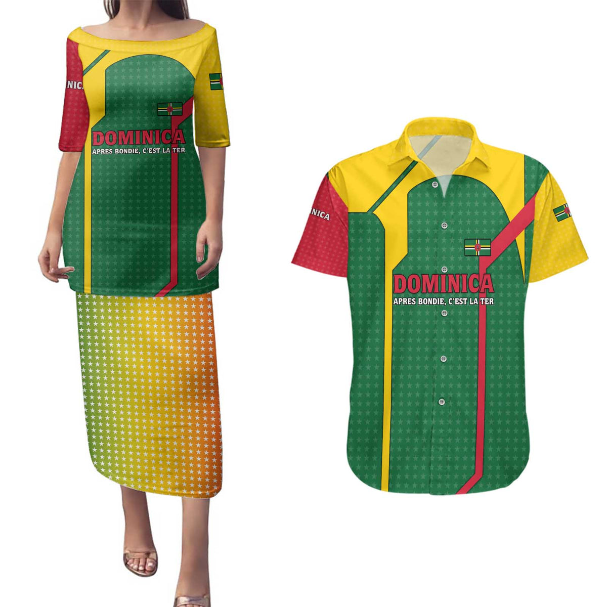 Dominica Flag Couples Matching Puletasi and Hawaiian Shirt National Parrot and Stars Design with Motto Apres Bondie C’est La Ter - Wonder Print Shop