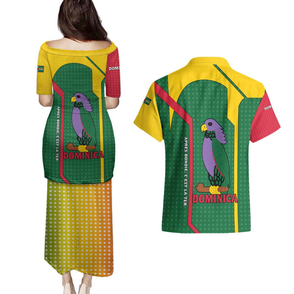Dominica Flag Couples Matching Puletasi and Hawaiian Shirt National Parrot and Stars Design with Motto Apres Bondie C’est La Ter - Wonder Print Shop