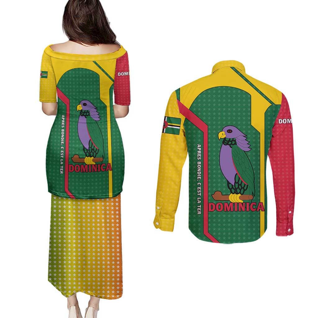Dominica Flag Couples Matching Puletasi and Long Sleeve Button Shirt National Parrot and Stars Design with Motto Apres Bondie C’est La Ter - Wonder Print Shop