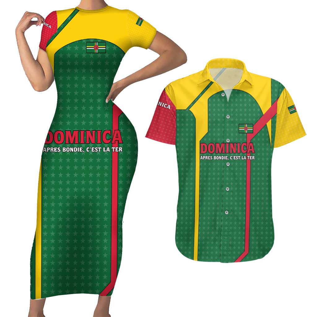Dominica Flag Couples Matching Short Sleeve Bodycon Dress and Hawaiian Shirt National Parrot and Stars Design with Motto Apres Bondie C’est La Ter - Wonder Print Shop