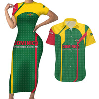 Dominica Flag Couples Matching Short Sleeve Bodycon Dress and Hawaiian Shirt National Parrot and Stars Design with Motto Apres Bondie C’est La Ter - Wonder Print Shop