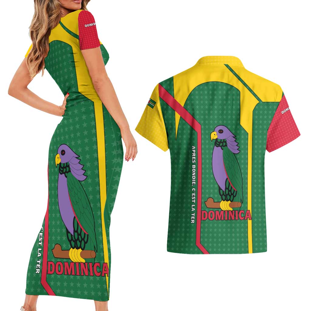 Dominica Flag Couples Matching Short Sleeve Bodycon Dress and Hawaiian Shirt National Parrot and Stars Design with Motto Apres Bondie C’est La Ter - Wonder Print Shop