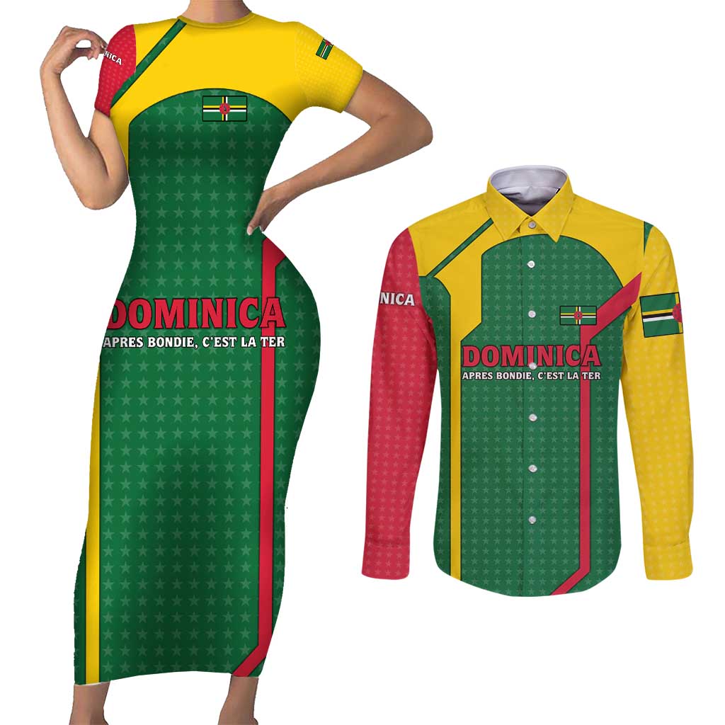 Dominica Flag Couples Matching Short Sleeve Bodycon Dress and Long Sleeve Button Shirt National Parrot and Stars Design with Motto Apres Bondie C’est La Ter - Wonder Print Shop