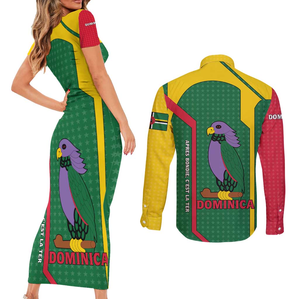Dominica Flag Couples Matching Short Sleeve Bodycon Dress and Long Sleeve Button Shirt National Parrot and Stars Design with Motto Apres Bondie C’est La Ter - Wonder Print Shop