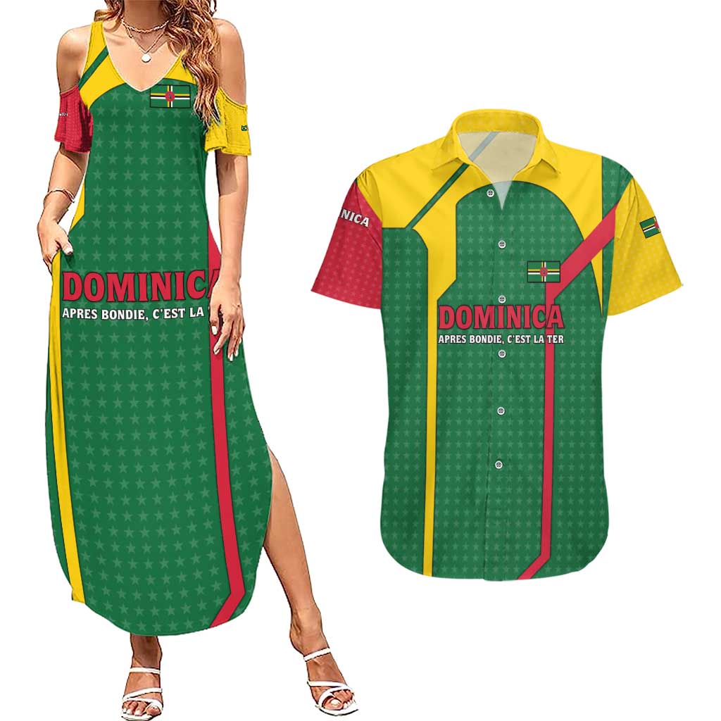 Dominica Flag Couples Matching Summer Maxi Dress and Hawaiian Shirt National Parrot and Stars Design with Motto Apres Bondie C’est La Ter - Wonder Print Shop