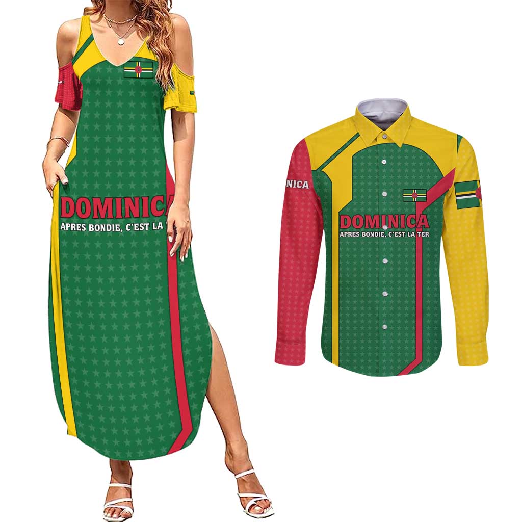 Dominica Flag Couples Matching Summer Maxi Dress and Long Sleeve Button Shirt National Parrot and Stars Design with Motto Apres Bondie C’est La Ter - Wonder Print Shop