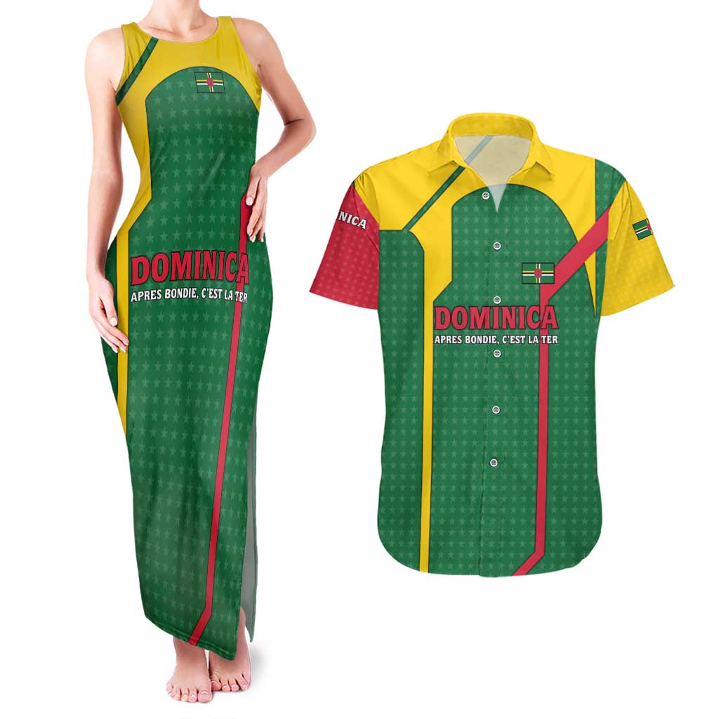 Dominica Flag Couples Matching Tank Maxi Dress and Hawaiian Shirt National Parrot and Stars Design with Motto Apres Bondie C’est La Ter - Wonder Print Shop