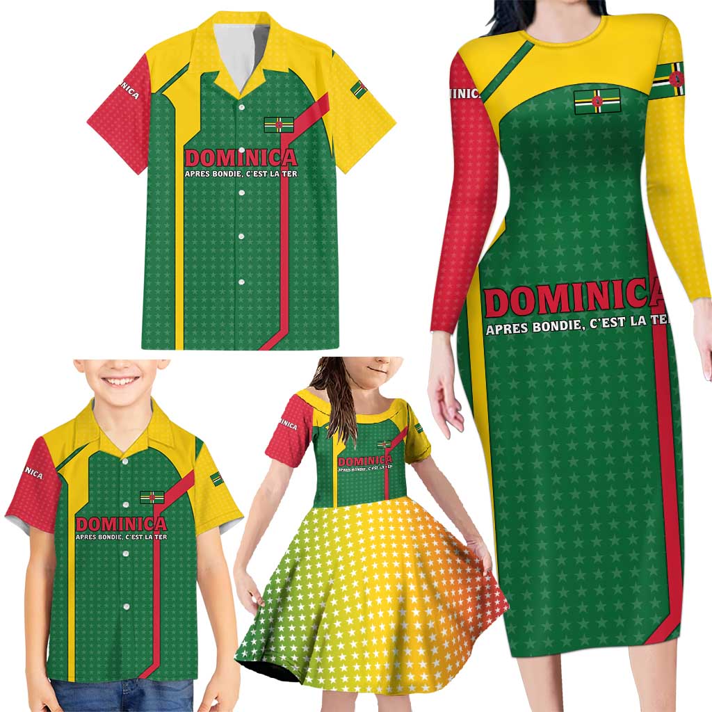 Dominica Flag Family Matching Long Sleeve Bodycon Dress and Hawaiian Shirt National Parrot and Stars Design with Motto Apres Bondie C’est La Ter - Wonder Print Shop