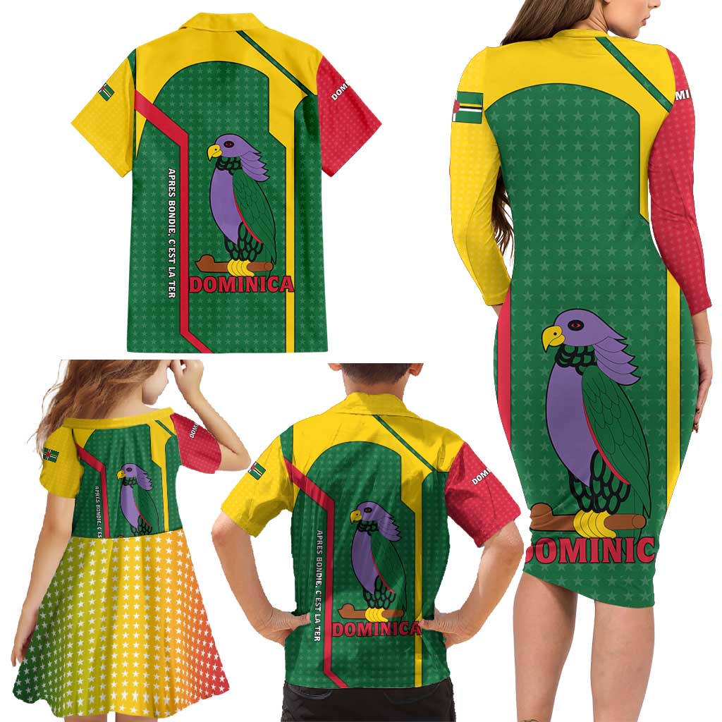 Dominica Flag Family Matching Long Sleeve Bodycon Dress and Hawaiian Shirt National Parrot and Stars Design with Motto Apres Bondie C’est La Ter - Wonder Print Shop