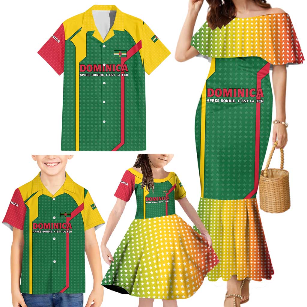 Dominica Flag Family Matching Mermaid Dress and Hawaiian Shirt National Parrot and Stars Design with Motto Apres Bondie C’est La Ter - Wonder Print Shop