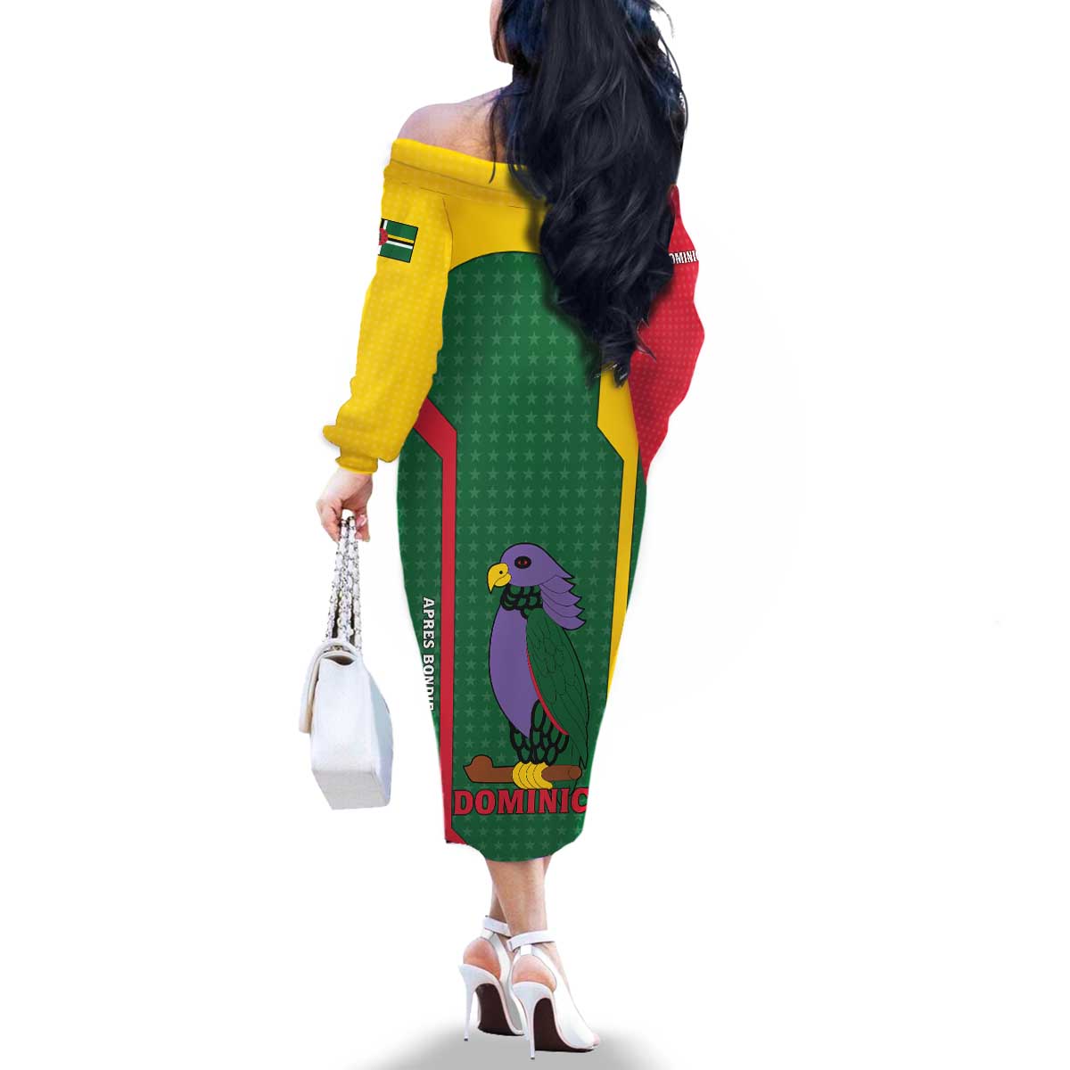 Dominica Flag Family Matching Off The Shoulder Long Sleeve Dress and Hawaiian Shirt National Parrot and Stars Design with Motto Apres Bondie C’est La Ter - Wonder Print Shop