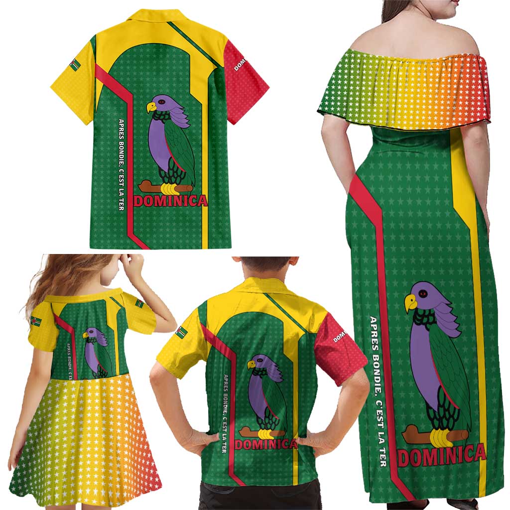 Dominica Flag Family Matching Off Shoulder Maxi Dress and Hawaiian Shirt National Parrot and Stars Design with Motto Apres Bondie C’est La Ter - Wonder Print Shop