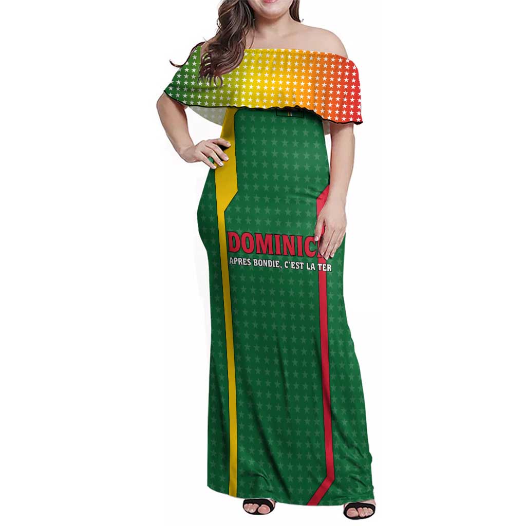 Dominica Flag Family Matching Off Shoulder Maxi Dress and Hawaiian Shirt National Parrot and Stars Design with Motto Apres Bondie C’est La Ter - Wonder Print Shop