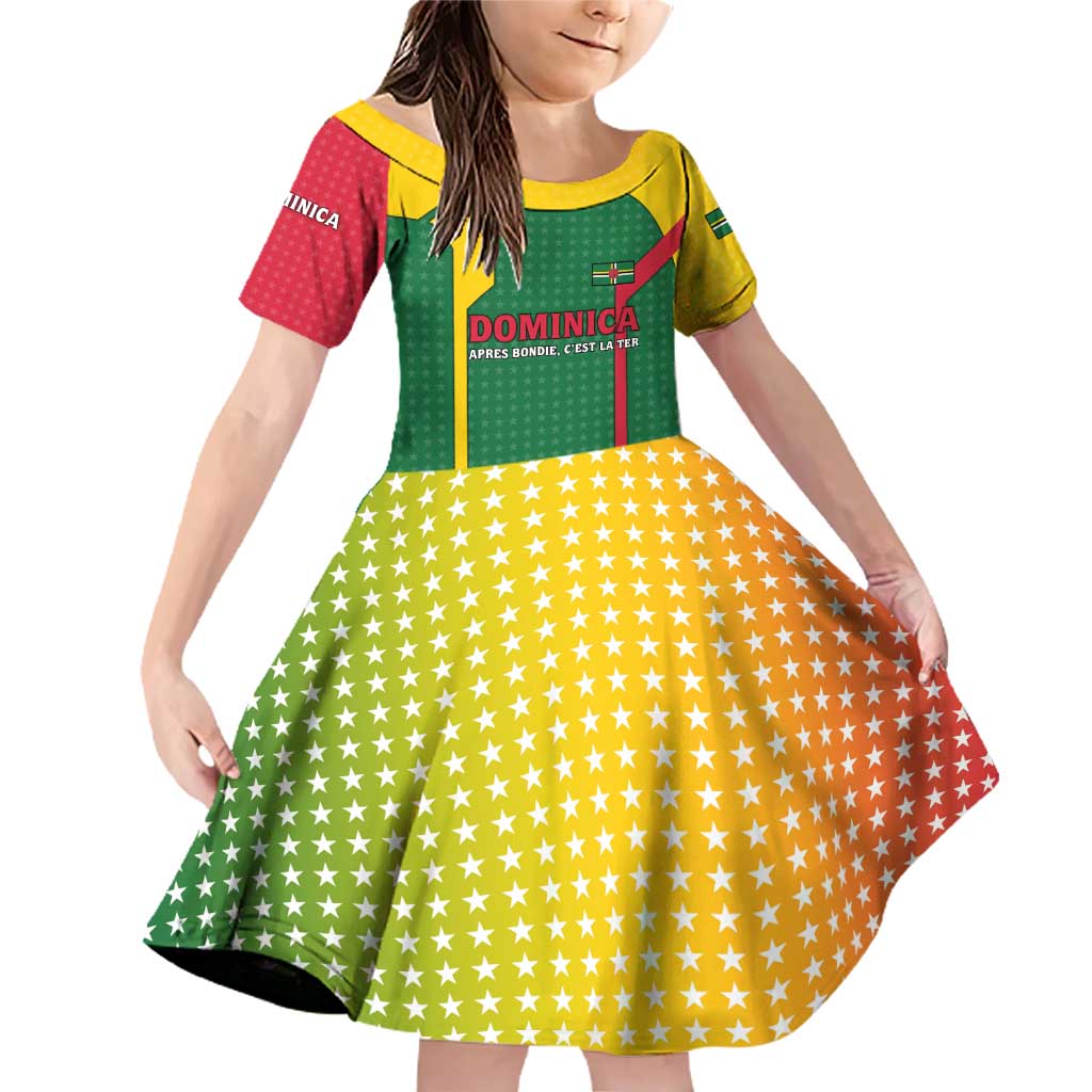 Dominica Flag Family Matching Off Shoulder Short Dress and Hawaiian Shirt National Parrot and Stars Design with Motto Apres Bondie C’est La Ter - Wonder Print Shop