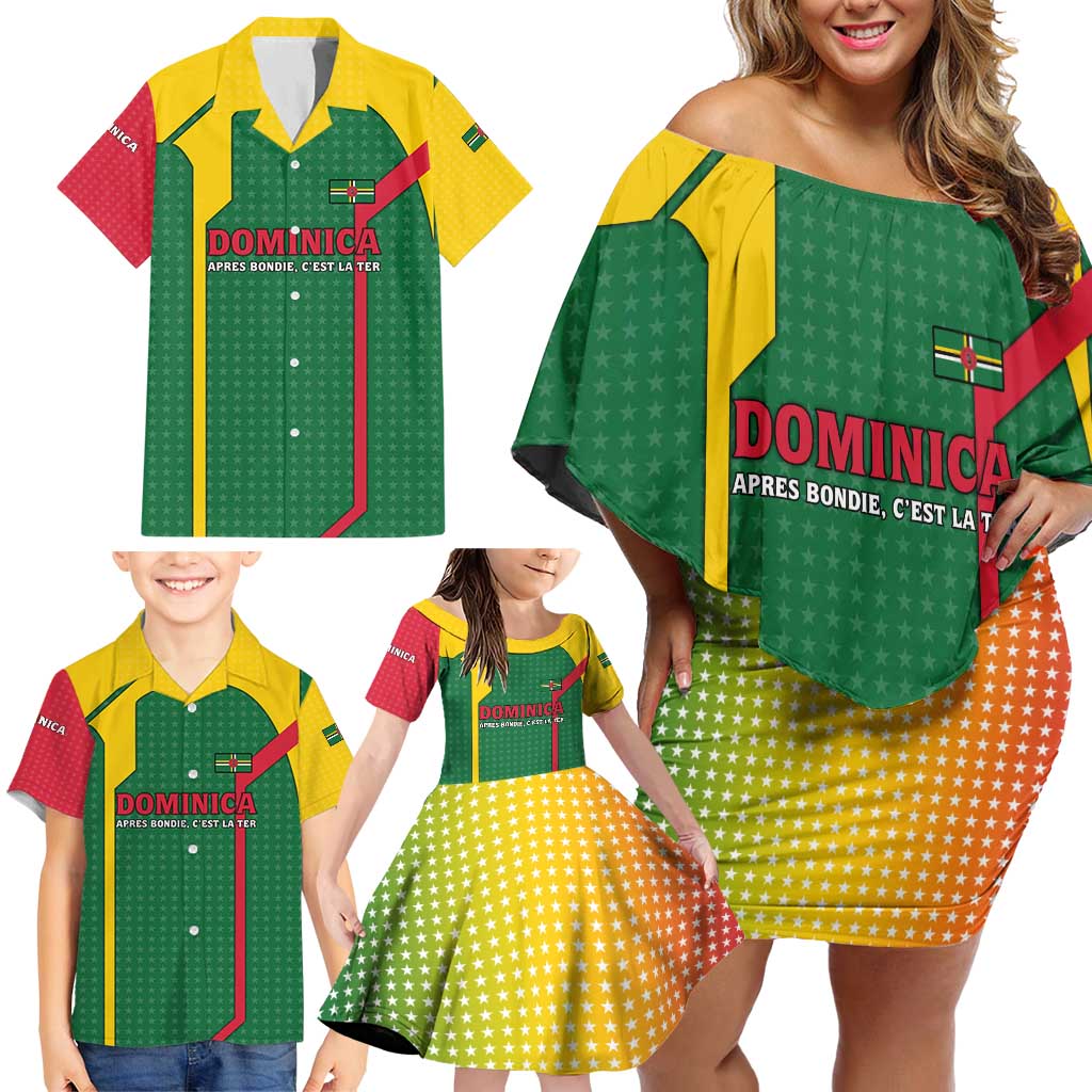 Dominica Flag Family Matching Off Shoulder Short Dress and Hawaiian Shirt National Parrot and Stars Design with Motto Apres Bondie C’est La Ter - Wonder Print Shop