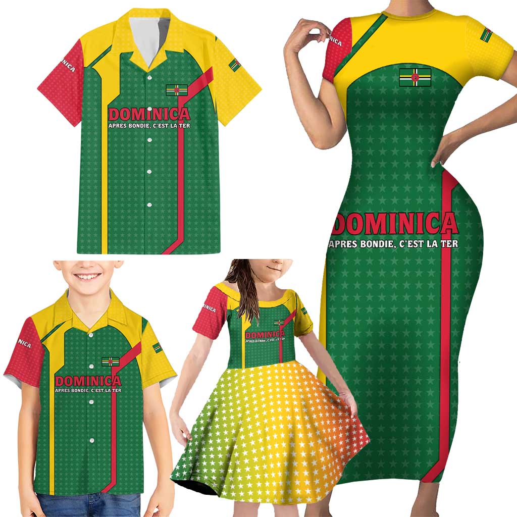 Dominica Flag Family Matching Short Sleeve Bodycon Dress and Hawaiian Shirt National Parrot and Stars Design with Motto Apres Bondie C’est La Ter - Wonder Print Shop