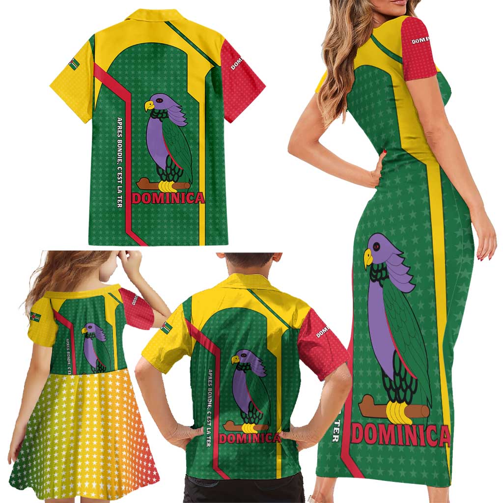 Dominica Flag Family Matching Short Sleeve Bodycon Dress and Hawaiian Shirt National Parrot and Stars Design with Motto Apres Bondie C’est La Ter - Wonder Print Shop