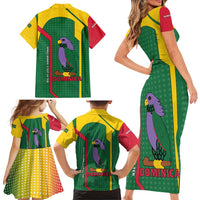 Dominica Flag Family Matching Short Sleeve Bodycon Dress and Hawaiian Shirt National Parrot and Stars Design with Motto Apres Bondie C’est La Ter - Wonder Print Shop