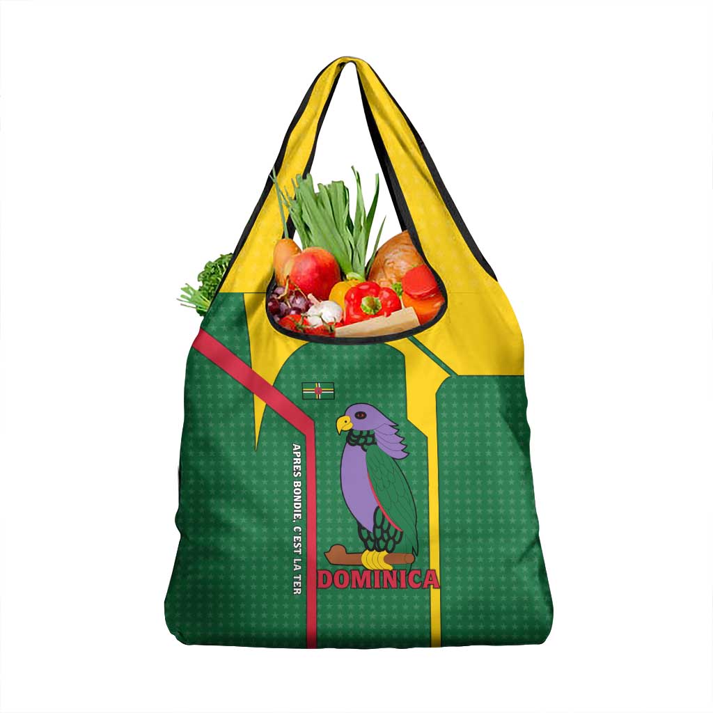 Dominica Flag Grocery Bag National Parrot and Stars Design with Motto Apres Bondie C’est La Ter - Wonder Print Shop