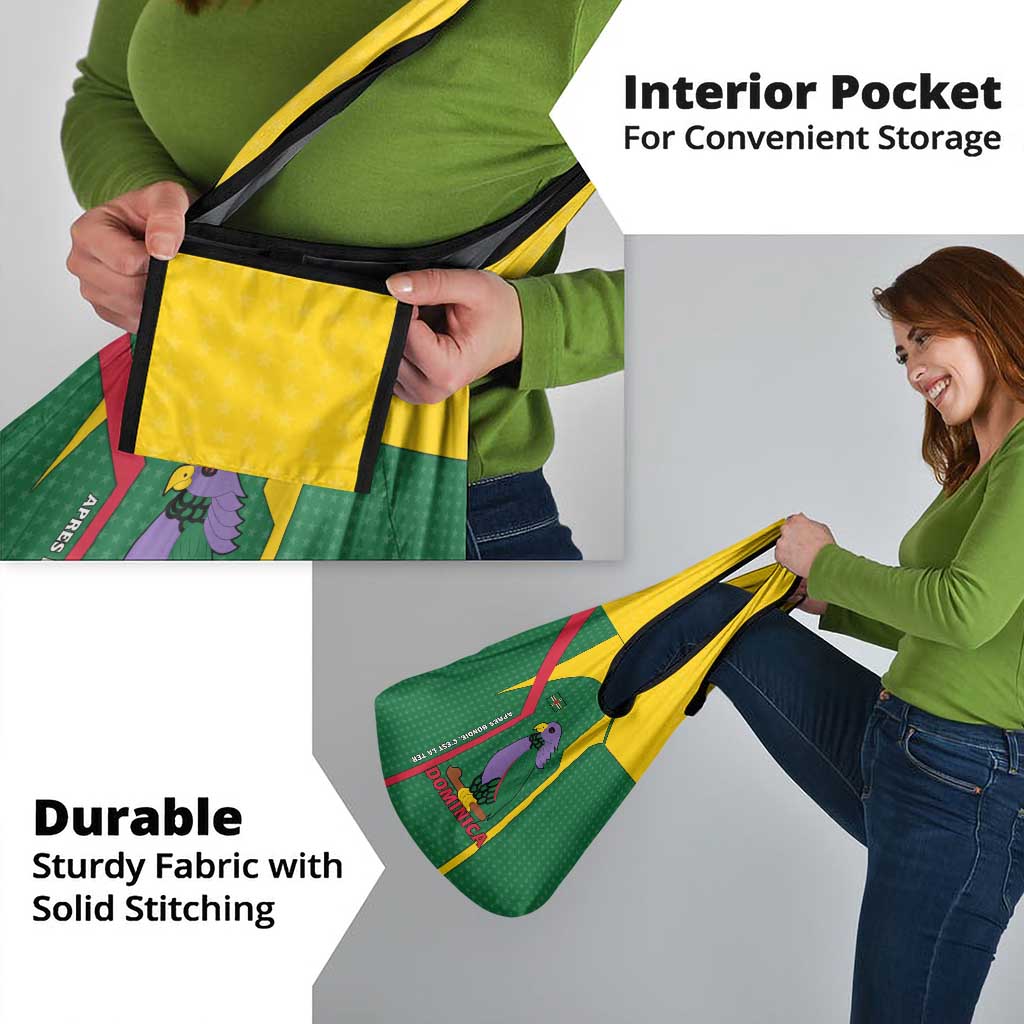 Dominica Flag Grocery Bag National Parrot and Stars Design with Motto Apres Bondie C’est La Ter - Wonder Print Shop