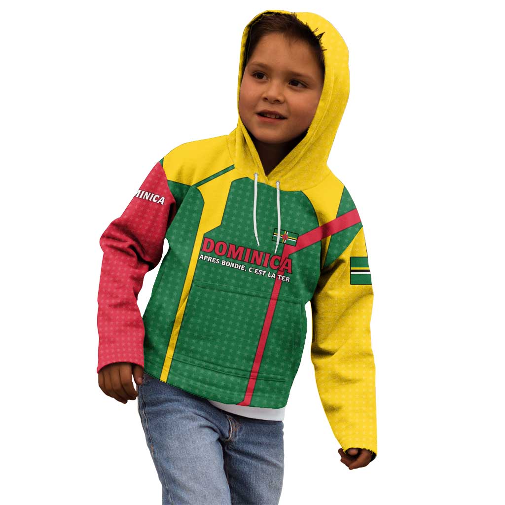 Dominica Flag Kid Hoodie National Parrot and Stars Design with Motto Apres Bondie C’est La Ter - Wonder Print Shop