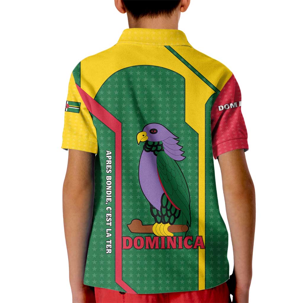 Dominica Flag Kid Polo Shirt National Parrot and Stars Design with Motto Apres Bondie C’est La Ter - Wonder Print Shop