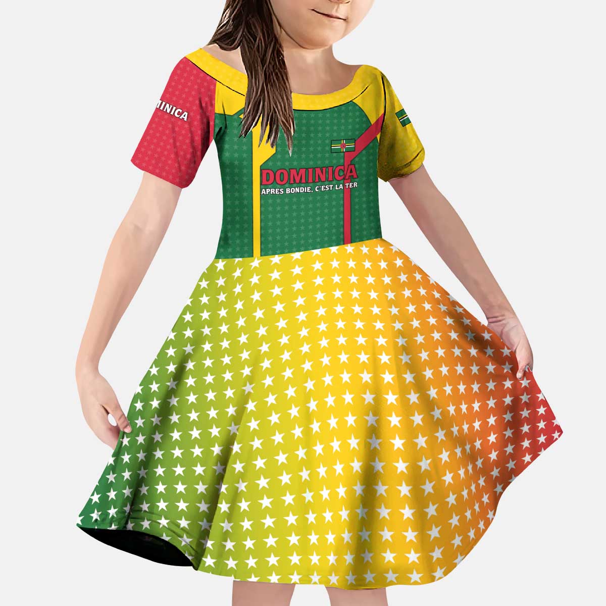 Dominica Flag Kid Short Sleeve Dress National Parrot and Stars Design with Motto Apres Bondie C’est La Ter - Wonder Print Shop