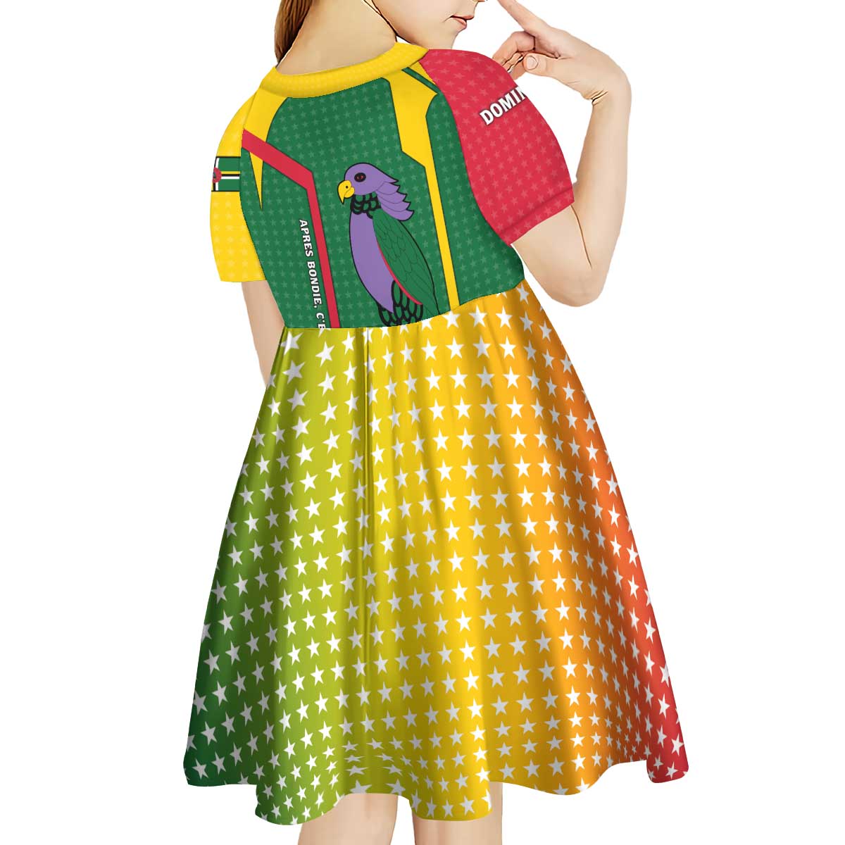 Dominica Flag Kid Short Sleeve Dress National Parrot and Stars Design with Motto Apres Bondie C’est La Ter - Wonder Print Shop