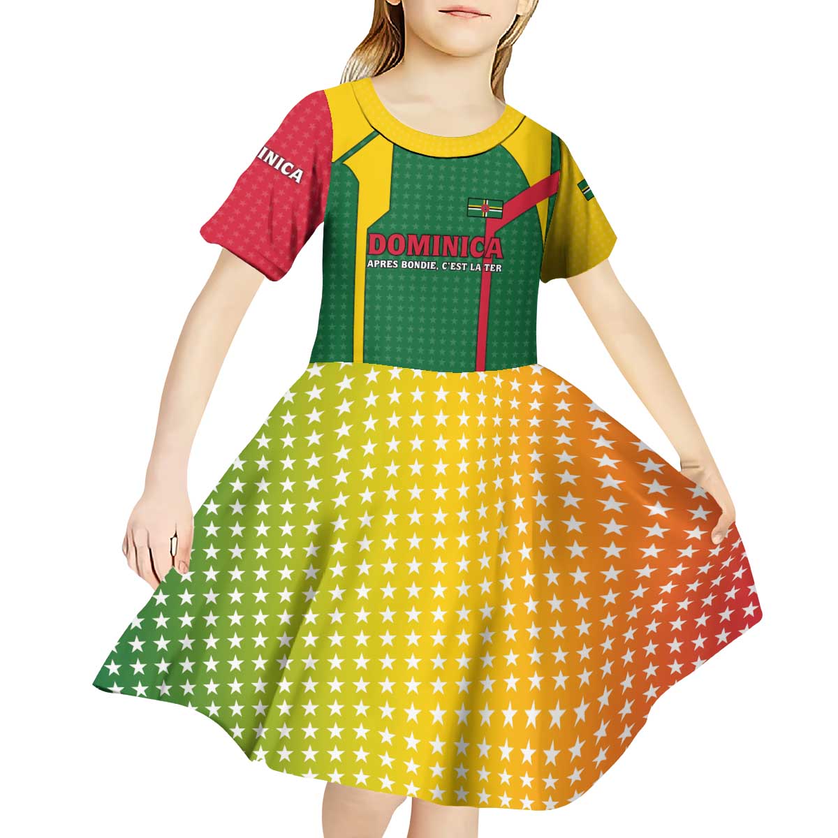 Dominica Flag Kid Short Sleeve Dress National Parrot and Stars Design with Motto Apres Bondie C’est La Ter - Wonder Print Shop