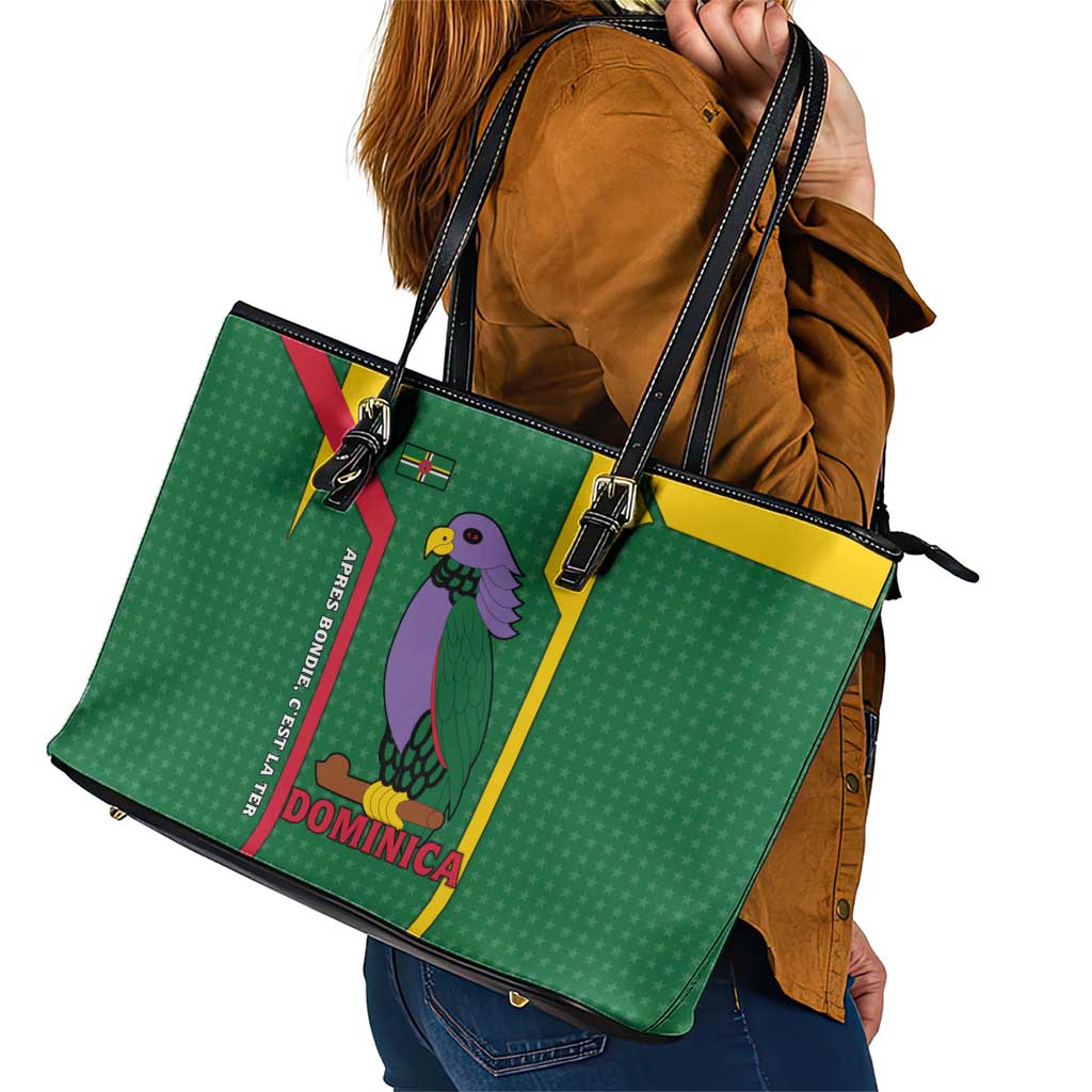 Dominica Flag Leather Tote Bag National Parrot and Stars Design with Motto Apres Bondie C’est La Ter - Wonder Print Shop