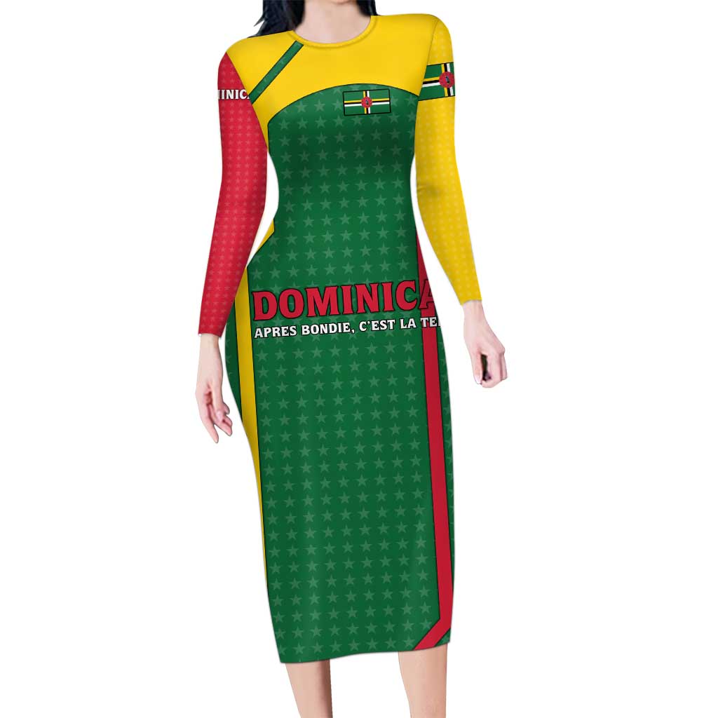 Dominica Flag Long Sleeve Bodycon Dress National Parrot and Stars Design with Motto Apres Bondie C’est La Ter - Wonder Print Shop