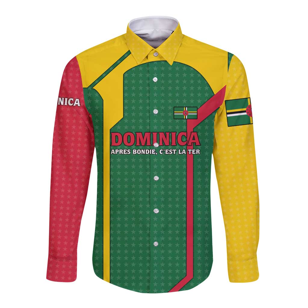 Dominica Flag Long Sleeve Button Shirt National Parrot and Stars Design with Motto Apres Bondie C’est La Ter - Wonder Print Shop
