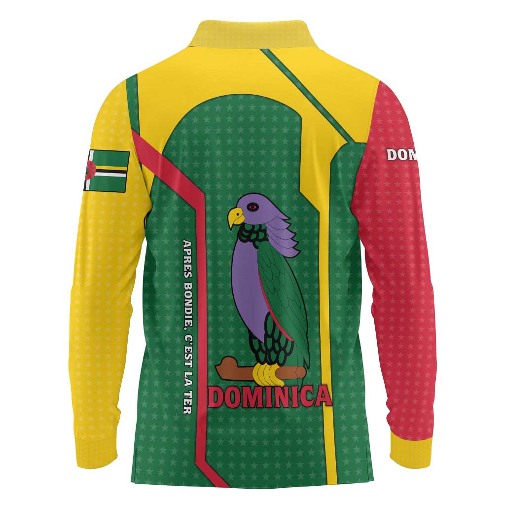 Dominica Flag Long Sleeve Polo Shirt National Parrot and Stars Design with Motto Apres Bondie C’est La Ter - Wonder Print Shop