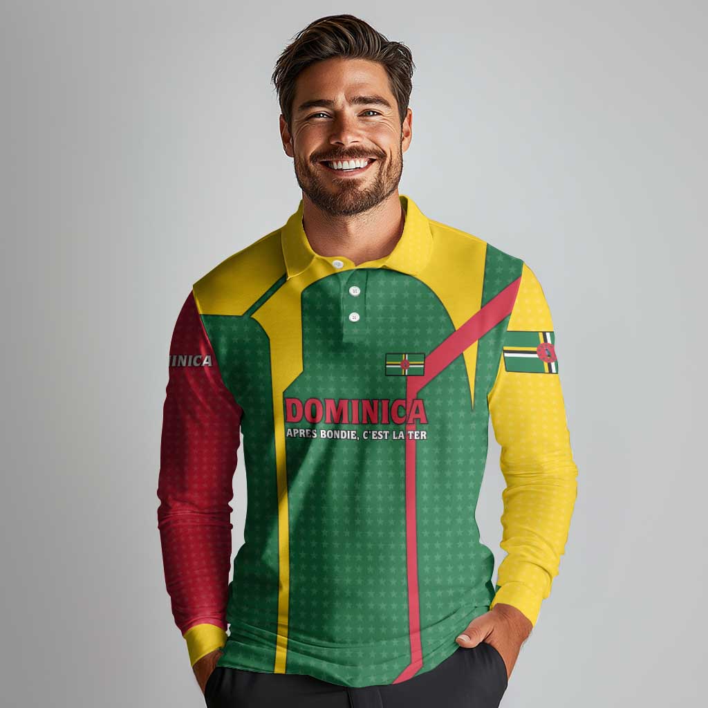 Dominica Flag Long Sleeve Polo Shirt National Parrot and Stars Design with Motto Apres Bondie C’est La Ter - Wonder Print Shop