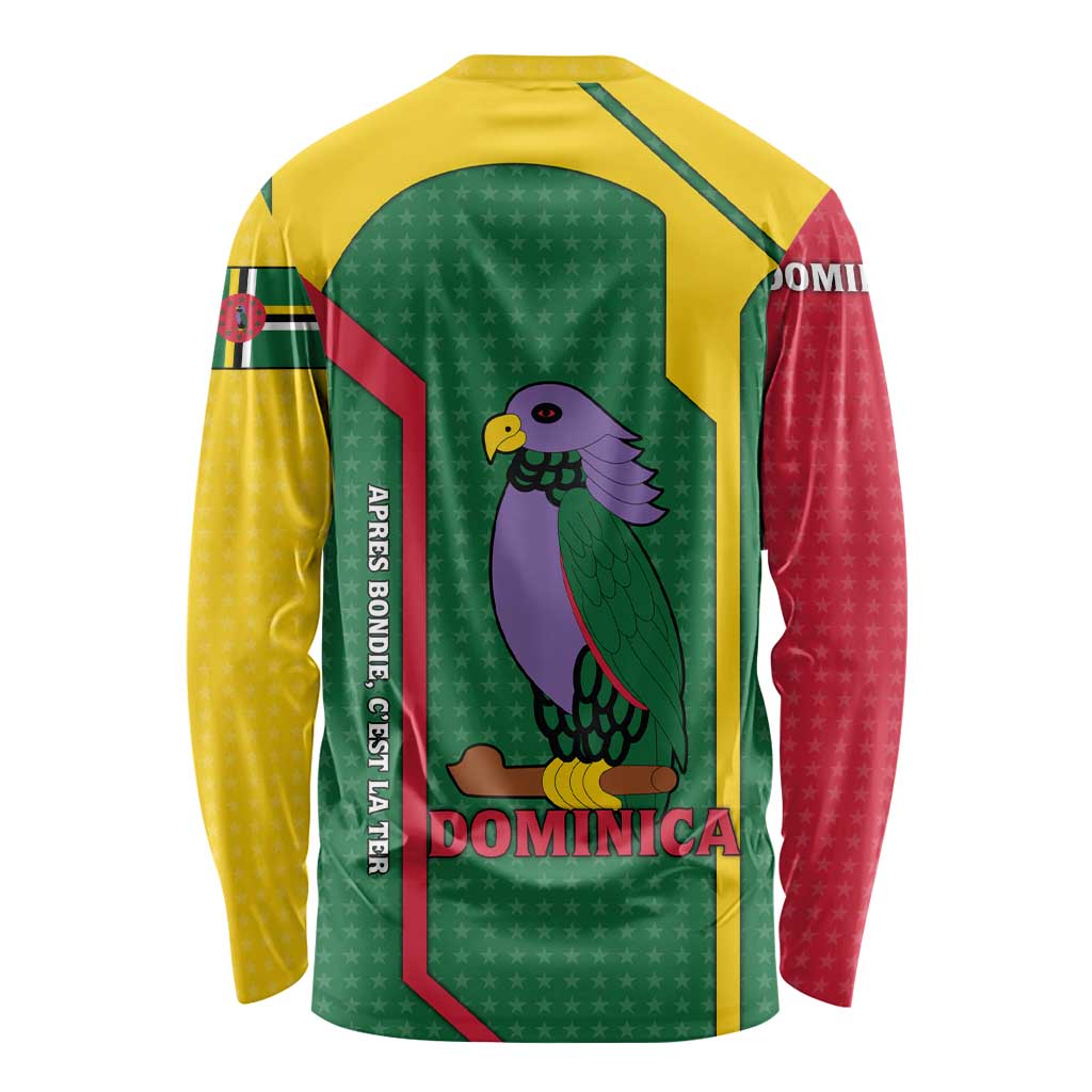 Dominica Flag Long Sleeve Shirt National Parrot and Stars Design with Motto Apres Bondie C’est La Ter - Wonder Print Shop