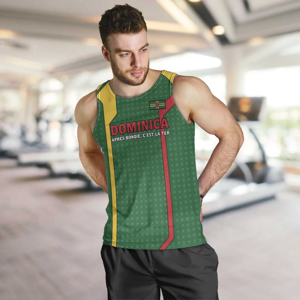 Dominica Flag Men Tank Top National Parrot and Stars Design with Motto Apres Bondie C’est La Ter - Wonder Print Shop
