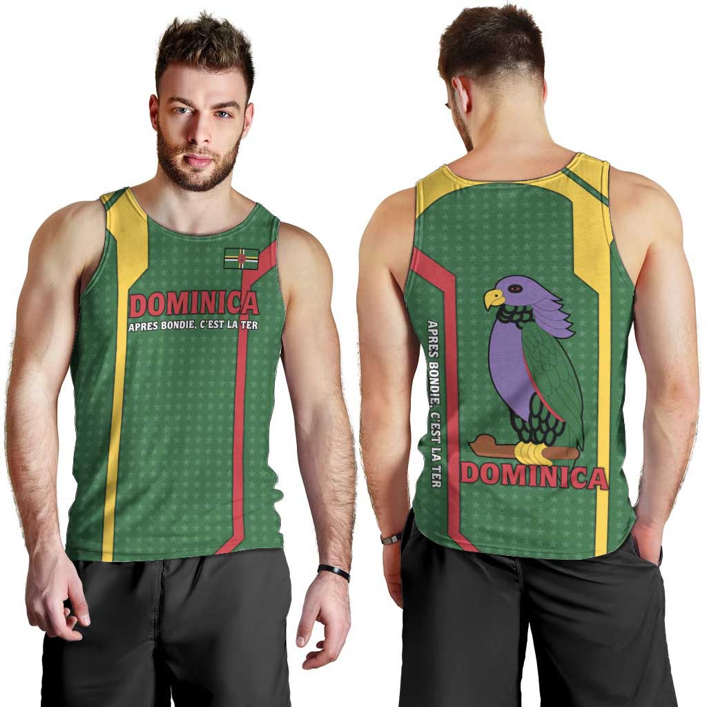 Dominica Flag Men Tank Top National Parrot and Stars Design with Motto Apres Bondie C’est La Ter - Wonder Print Shop