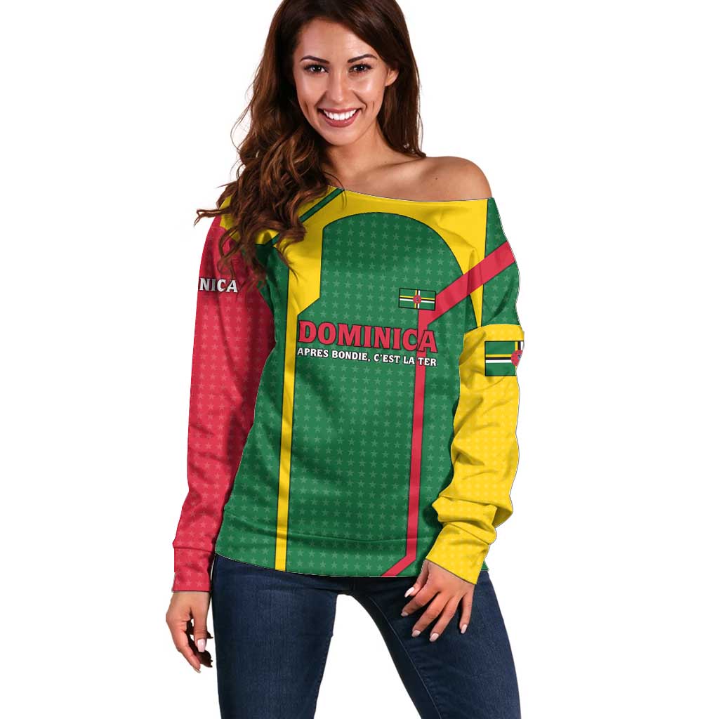 Dominica Flag Off Shoulder Sweater National Parrot and Stars Design with Motto Apres Bondie C’est La Ter - Wonder Print Shop