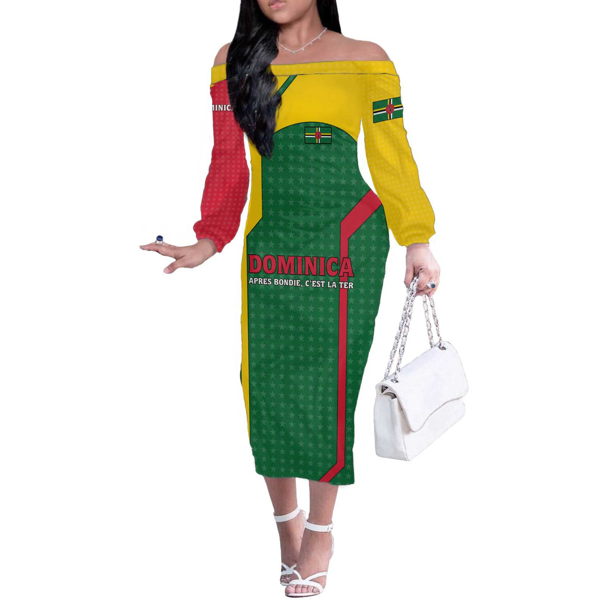 Dominica Flag Off The Shoulder Long Sleeve Dress National Parrot and Stars Design with Motto Apres Bondie C’est La Ter - Wonder Print Shop