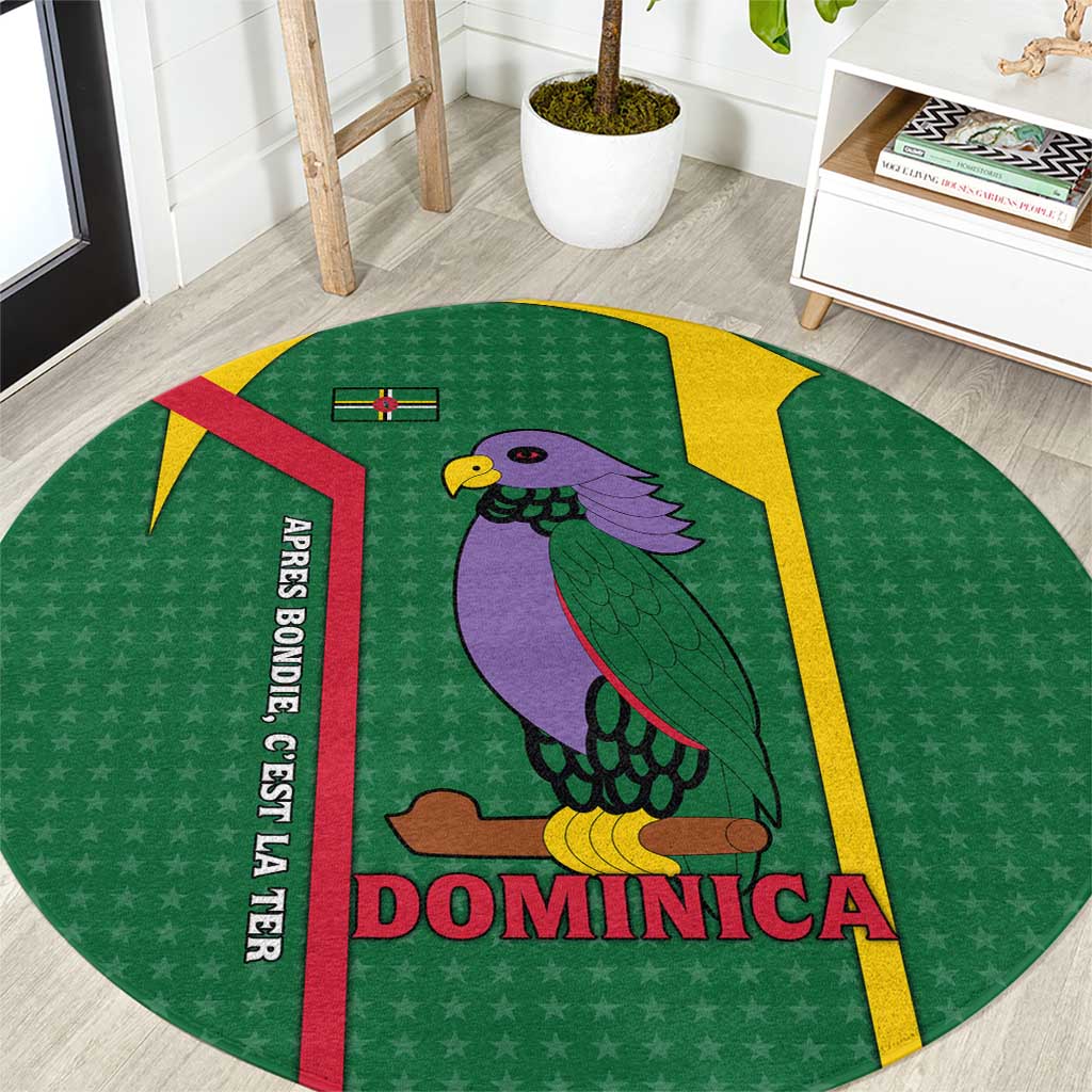 Dominica Flag Round Carpet National Parrot and Stars Design with Motto Apres Bondie C’est La Ter - Wonder Print Shop