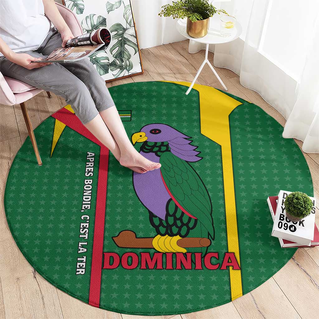 Dominica Flag Round Carpet National Parrot and Stars Design with Motto Apres Bondie C’est La Ter - Wonder Print Shop