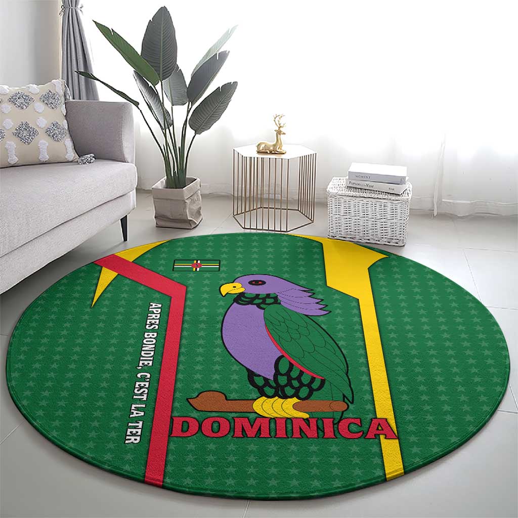 Dominica Flag Round Carpet National Parrot and Stars Design with Motto Apres Bondie C’est La Ter - Wonder Print Shop