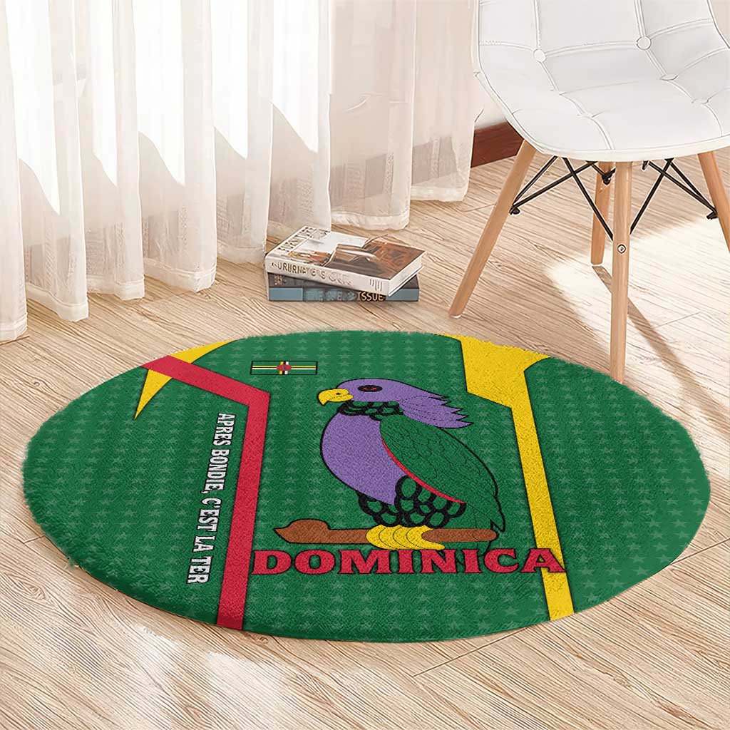 Dominica Flag Round Carpet National Parrot and Stars Design with Motto Apres Bondie C’est La Ter - Wonder Print Shop
