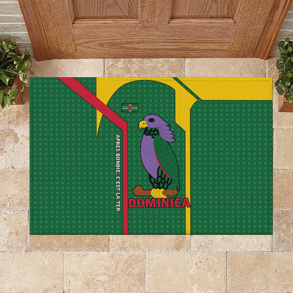 Dominica Flag Rubber Doormat National Parrot and Stars Design with Motto Apres Bondie C’est La Ter - Wonder Print Shop