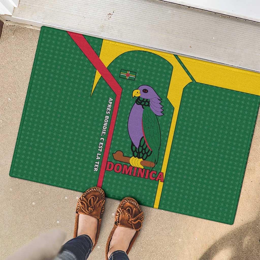 Dominica Flag Rubber Doormat National Parrot and Stars Design with Motto Apres Bondie C’est La Ter - Wonder Print Shop