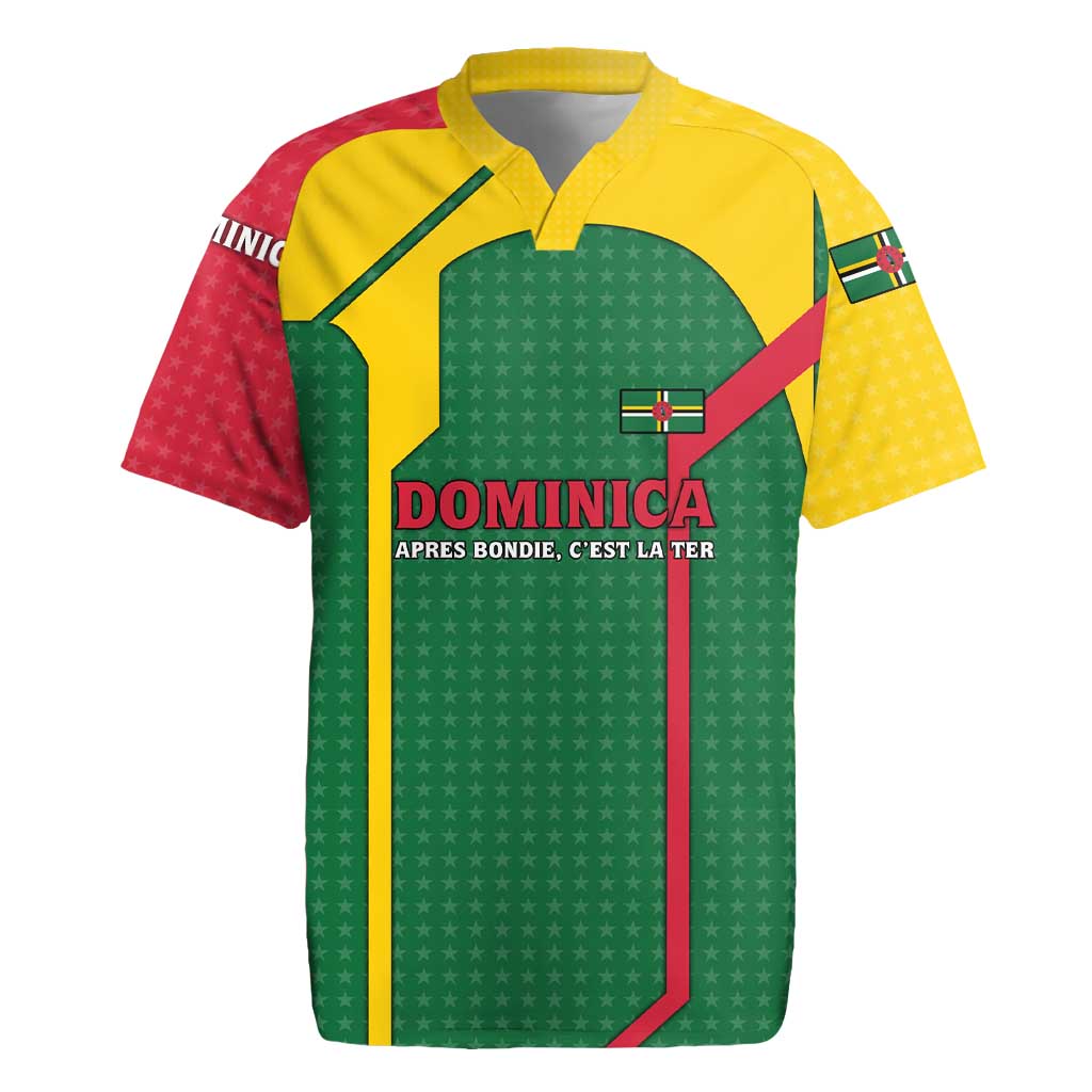 Dominica Flag Rugby Jersey National Parrot and Stars Design with Motto Apres Bondie C’est La Ter - Wonder Print Shop